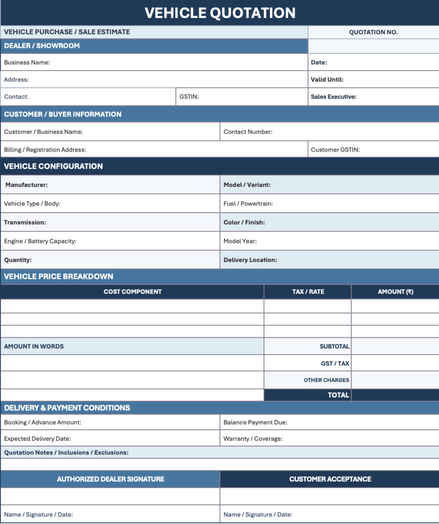 Quotation Format for Vehicle in Word, Excel & PDF | Free Templates
