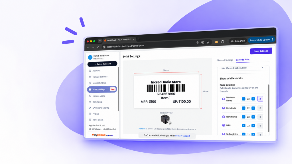 myBillBook Web account showing the new barcode label customisation panel