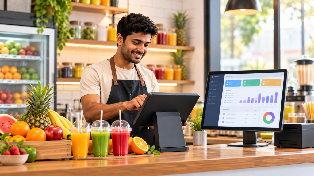 Juice shop owner using billing and POS software to manage sales and inventory