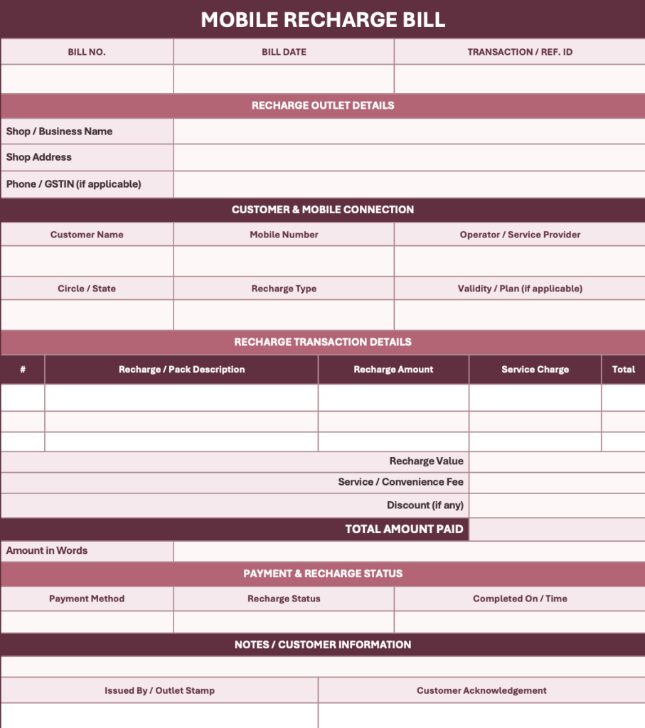 mobile recharge bill sample