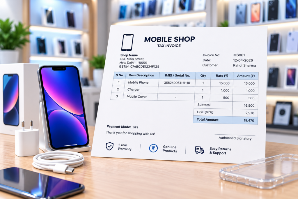 Mobile shop bill format showing customer, IMEI, GST, payment and warranty details.