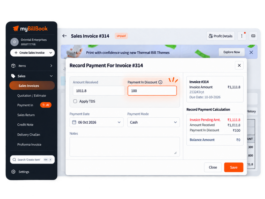 myBillBook Payment In Discount Dashboard