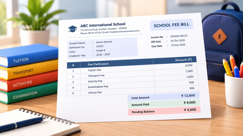 School fee bill showing student details, fee breakdown, payment amounts and pending balance for school billing.
