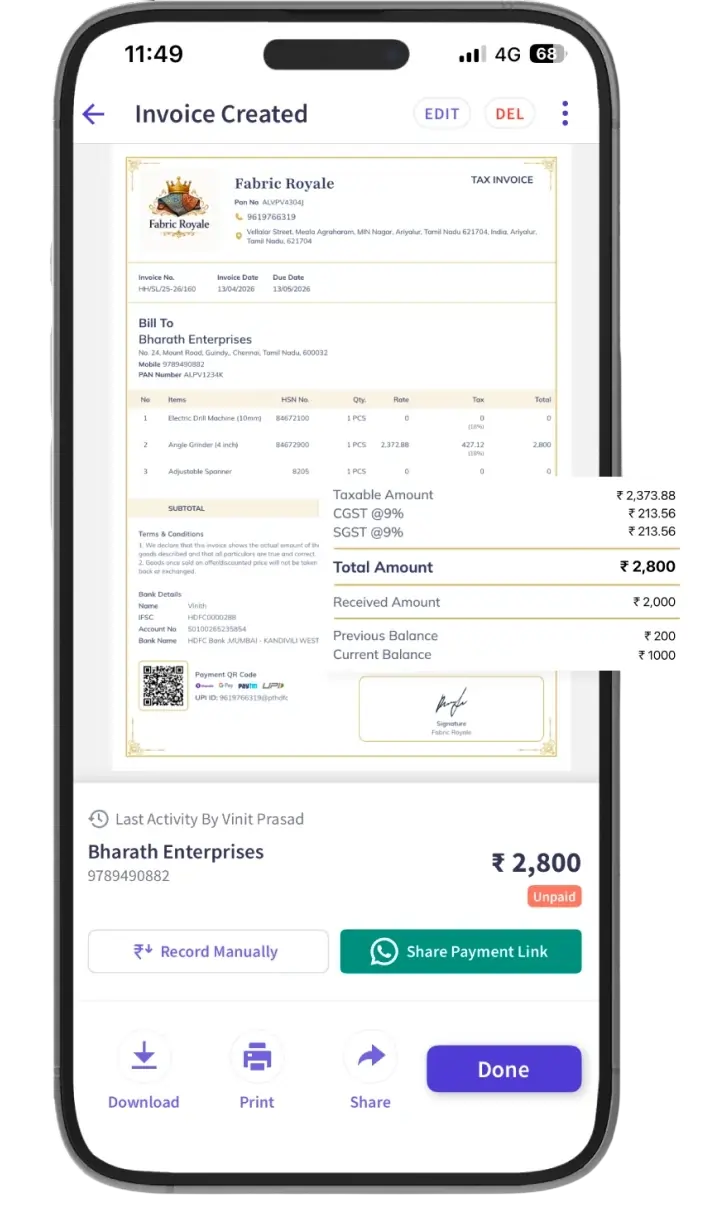 GST and non-GST invoice creation screen in myBillBook
