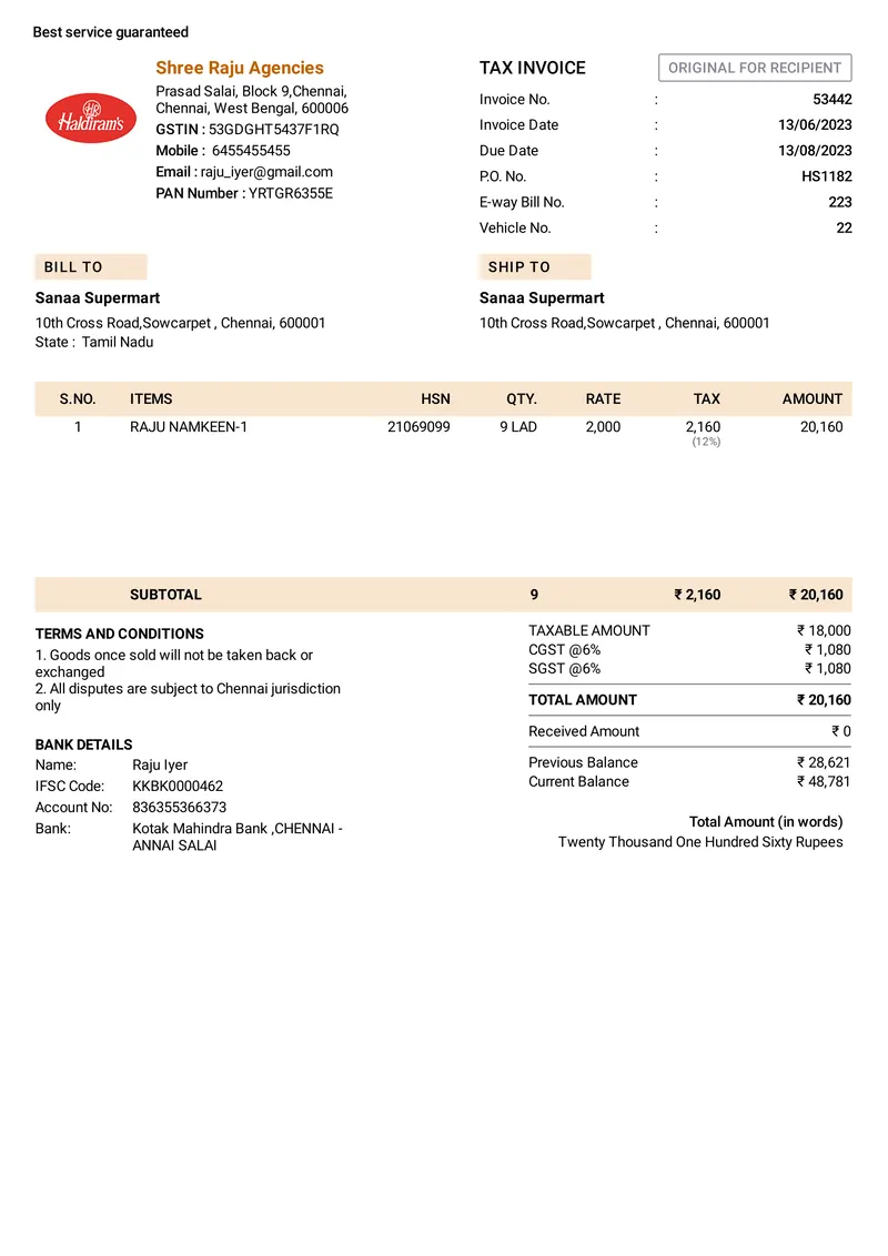 Modern invoice template in myBillBook